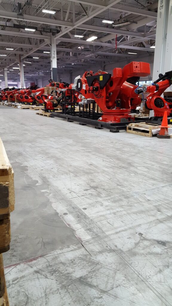Kuka Robots delivered at the Tesla Model 3 factory in Fremont, California.