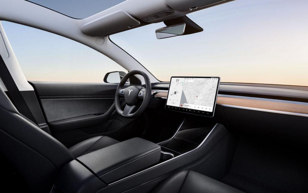 Interior of the 2021 Tesla Model 3 compact luxury EV sedan.