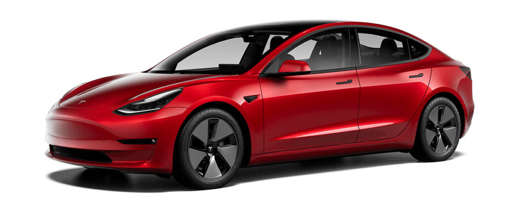 2021 Tesla Model 3 in Red Multi-Coat color and basic Aero Wheels.