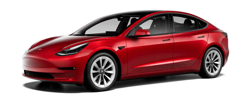 2021 Tesla Model 3 in Red Multi-Coat color and 19" Sport Wheels.