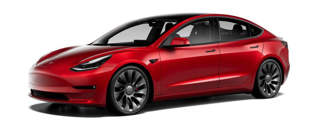 2021 Tesla Model 3 in Red Multi-Coat color and 20" Uberturbine Wheels.