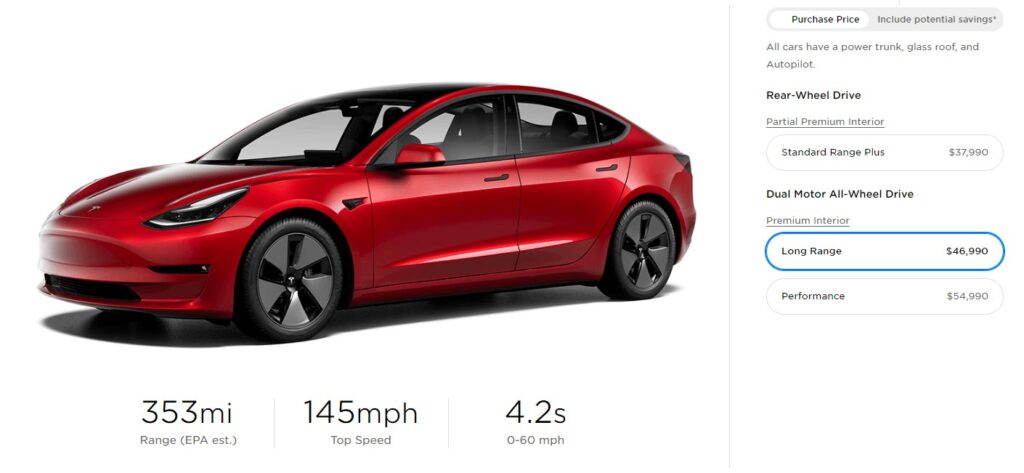 2021 Tesla Model 3 Long Range AWD price, range, top speed, and acceleration.